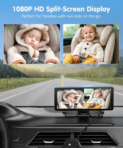 Vista 2 de Babyvue BV3PRO Cámara Dual para Coche de Bebé para 2 Niños, Pantalla Dividida HD 1080P de 18.3 cm, Visión Nocturna IR Cristalina sin Distorsión, Azul