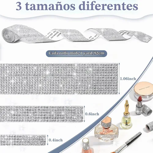 Vista 2 de Cludoo 3 rollos de cintas de diamantes de imitación, tiras de diamantes de imitación autoadhesivas plateadas