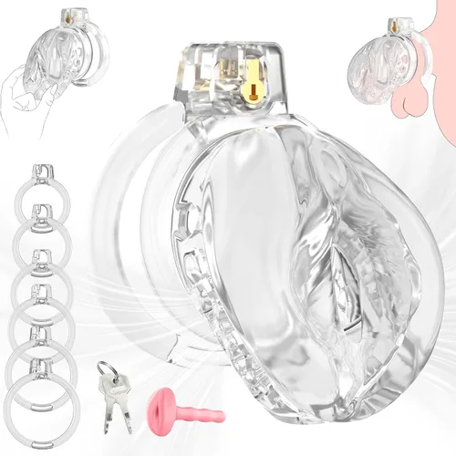 Vista 8 de Jaula de castidad masculina – Jaula de pene suave y ligera con vagina y clítoris realistas y anillos de 6 tamaños, cómodo dispositivo de castidad