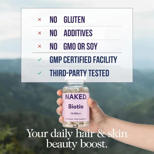 Vista 2 de NAKED Biotin 10,000mcg - Max Strength Vitamin B7 Supplement for Healthy Hair, Skin & Nails Support - Non-GMO, Gluten-Free, Vegan - Supports Keratin