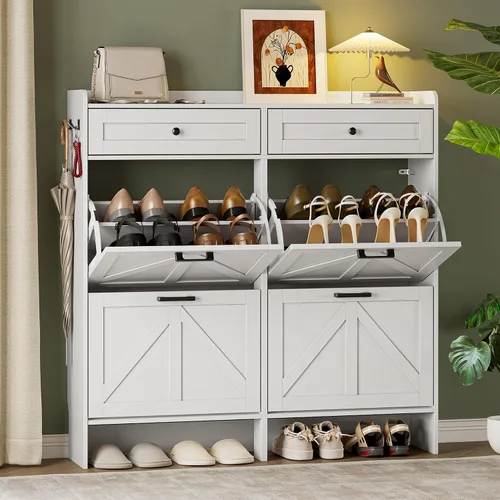 Vista 18 de BORNOON Gabinete de Almacenamiento de Zapatos para Entrada, Gabinete Estrecho de Zapatos Estilo Granja con 2 Cajones Abatibles y Cajones Superiores