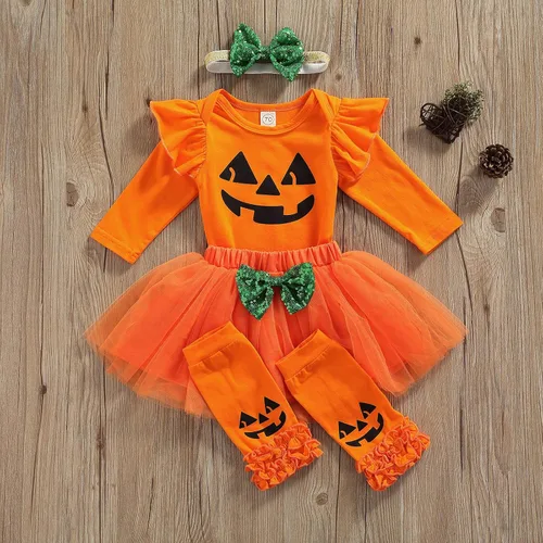 Vista 2 de Conjunto de 4 piezas de Halloween para bebés y niñas de manga larga de malla con falda de burbujas leggings