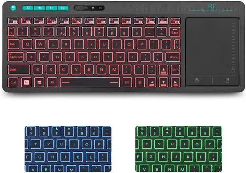 Vista 3 de Rii K18 Plus Teclado multimedia inalámbrico de 3 LED a color retroiluminado con panel táctil de gran tamaño, teclado recargable para Android TV Box