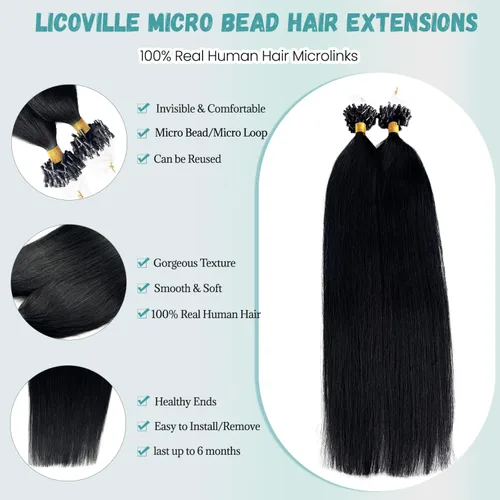 Vista 2 de Extensiones de Cabello Micro Link Negro Extensiones de Cabello Micro Loop Cabello Humano Real Paquetes Sin Trama Fusión Fría 50s 50g #1 Negro M#Jet
