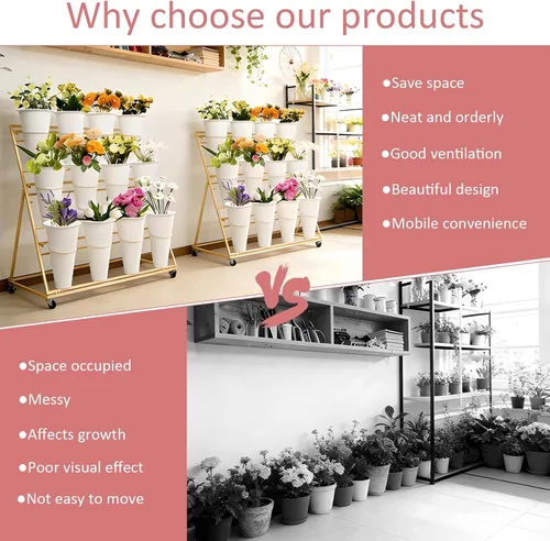Vista 6 de Soporte de exhibición de flores de 3 niveles, soporte móvil de metal para plantas con 12 cubos, carrito de flores con ruedas, adecuado