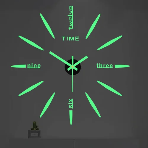 Vista 2 de Reloj de pared luminoso 3D DIY, moderno, autoadhesivo, sin marco, grandes calcomanías de reloj de pared que brillan en la oscuridad para sala