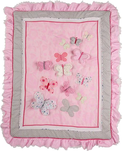 Vista 2 de Juego de ropa de cama de 2 piezas con bordado rosa con mariposas y sábana bajera para cuna de bebé niña