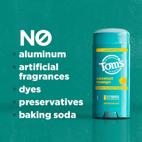 Vista 4 de Tom's of Maine Desodorante natural sin aluminio de coco y mango para mujeres y hombres, se pone transparente, protección contra olores y humedad