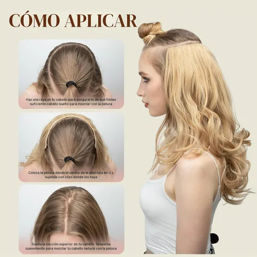 Vista 6 de SARLA Extensiones de cabello sintético con clip, parte en U, largo, ondulado, rizado, grueso, de cabeza completa, para mujer, rubio playa, 24 Playa
