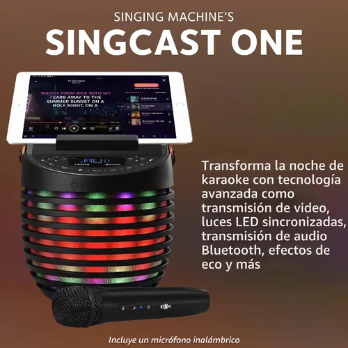 Vista 2 de Singing Machine Sistema de karaoke para adultos y niños con micrófono inalámbrico, SingCast One - Altavoz de karaoke con tecnología de transmisión