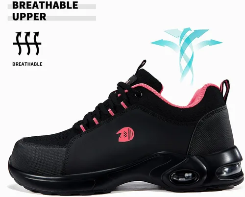 Vista 4 de Delobi Zapatos de punta de acero para mujer, zapatos de trabajo de seguridad, antideslizantes, cómodos, ligeros, con amortiguación de aire, zapatos
