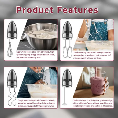 Vista 6 de Accesorios de batidor para batidora de mano para Kitchenaid, batidor, ganchos para amasar y varilla para mezclar líquidos, accesorios de acero