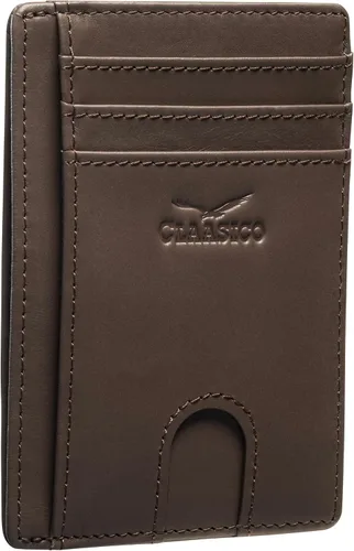 Vista 13 de Claasico Billetera pequeña de bolsillo frontal para hombre con bloqueo RFID, de cuero genuino, tarjetero