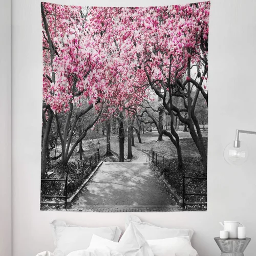 Vista 65 de Lunarable Tapiz japonés, Geisha joven en kimono con maquillaje oriental tradicional de Sakura, decoración de tela para colgar en la pared