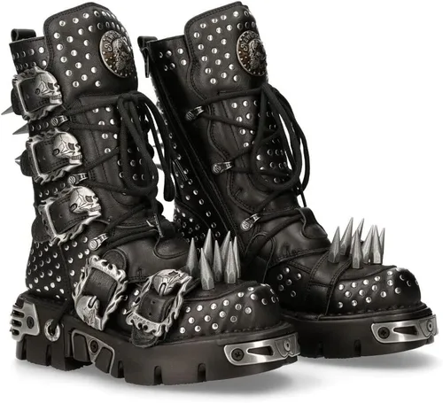 Vista 2 de New Rock Boots 1535-S1 - Botas góticas de cuero negro metálico con tachuelas para mujer
