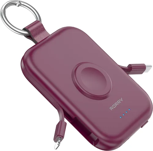 Vista 7 de RORRY Cargador portátil, batería externa portátil de 5000 mAh con cables integrados, paquete de batería en llavero de viaje para Apple Watch Negro