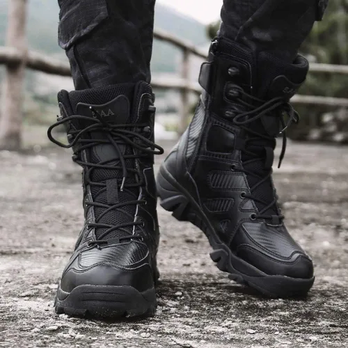 Vista 7 de Botas militares para hombre con cierre lateral de velcro, botas tácticas sport para montañismo, senderismo y combate