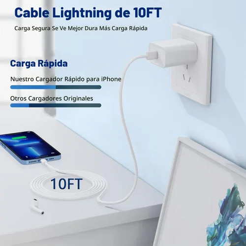 Vista 2 de Cargador rápido para iPhone de 10 pies, [certificado Apple MFi], paquete de 3 bloques de cargador USB C con cable tipo C a Lightning de 10 pies