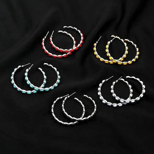 Vista 3 de Pingyongchang Boho Turquoise Hoop Earrings for Women Natural Stone Teardrop Beaded Western Cowgirl Statement Earrings Vintage Ethnic Jewelry Gift