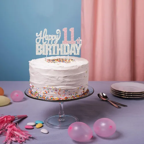 Vista 7 de Decoración de pastel de diamantes de imitación rosa y plateado con texto en inglés "Cheers to 11 Years Old Eleven Bday" de metal brillante