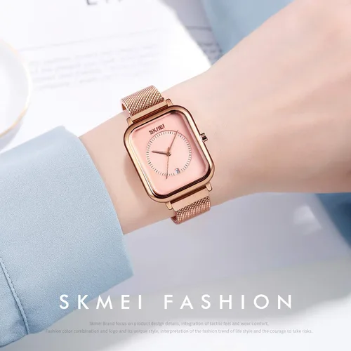 Vista 2 de SKMEI Reloj de pulsera para hombres y mujeres, reloj analógico de cuarzo impermeable a la moda con fecha de hora, esfera rectangular, reloj de mano