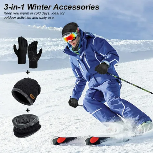 Vista 5 de Winter Hat Scarf Glove Set - Fleece Warm Knit Neck Warmer Beanie Cap Mittens