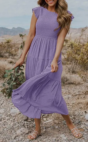 Vista 4 de MEROKEETY - Vestido midi fruncido de manga corta para mujer, vestido de verano casual, acampanado, con cintura elástica y escalonado