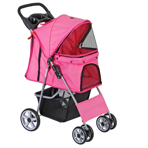Vista 11 de Cochecito plegable para perros de 4 ruedas para gatos pequeños y medianos, cachorros, portátil, para viajes, campamento, con cesta de Negro