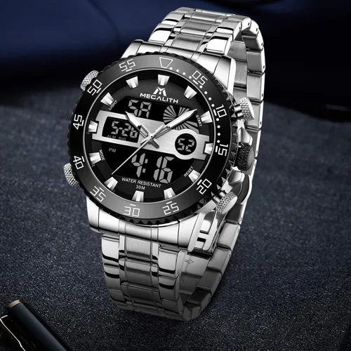 Vista 7 de MEGALITH Reloj digital impermeable de acero inoxidable con cara grande LED analógico multifuncional para deportes al aire libre, relojes de pulsera