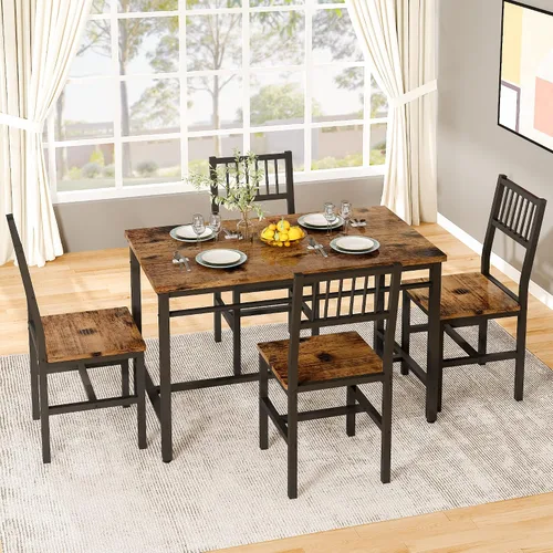 Vista 4 de AWQM - Juego de mesa de comedor de 47.2 pulgadas para 4, mesa industrial con 4 sillas curvas, juego de mesa de cocina rectangular de 5 piezas