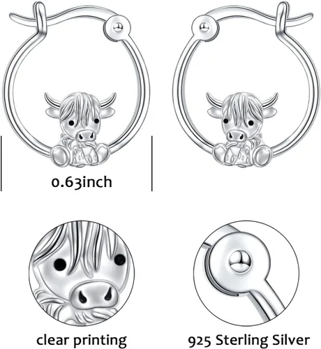 Vista 2 de Highland Cow Jewelry - Aretes de aro de plata de ley 925 con diseño de vaca de las montañas para mujeres, amantes de los animales, regalos