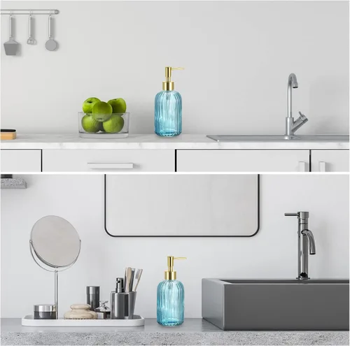 Vista 5 de uxcell Dispensador de jabón – Dispensador de jabón de manos de vidrio de 13.5 onzas con bomba dorada para cocina y baño, color azul