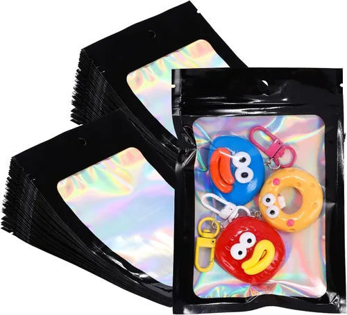 Vista 11 de 50 bolsas holográficas negras de Mylar de 5.5 x 7.8 pulgadas, bolsas con cremallera de aluminio resellables para gomitas, recuerdos de fiesta