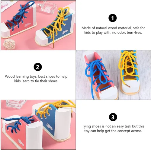 Vista 3 de NUOBESTY Aprende a atar zapatos zapatos de madera con cordones de juguete para atar los zapatos, kit de enseñanza para niños, azul