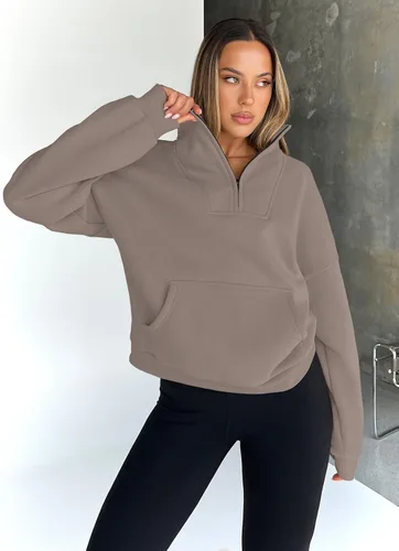 Vista 3 de Trendy Queen - Sudaderas con medio cierrey capucha de gran tamaño, comoda, extragrande, para otoño, Y2K, ropa de invierno, 2024