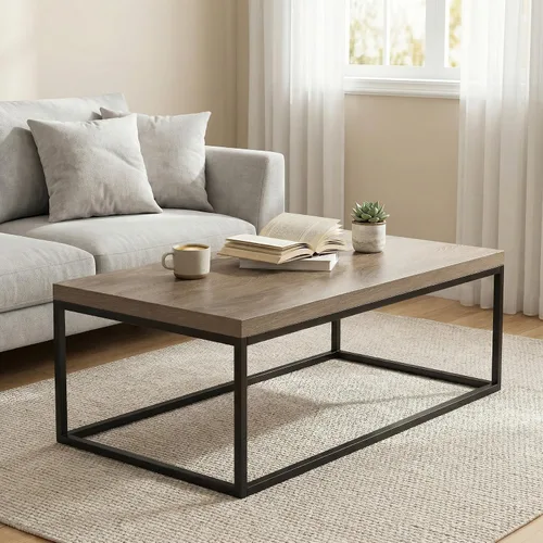 Vista 6 de CENSI - Mesa de centro de roble lavado gris de 47 pulgadas, tamaño grande Extra Thick 1.6" Honey-comb Wood Top, Sturdy Metal Frame, Modern