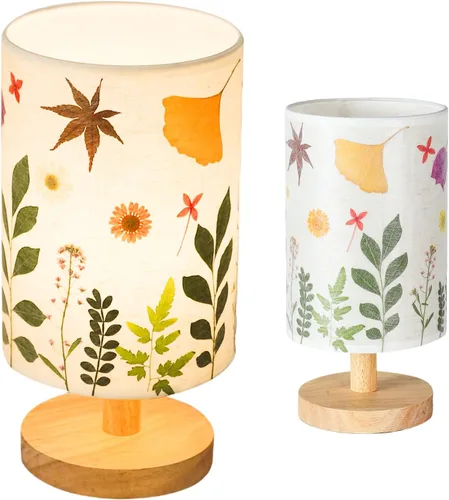 Vista 9 de Lámpara de mesa con flores prensadas, 5 W, LED, 3 temperaturas, flores secas, lámpara de noche, pantalla de lino con base de madera