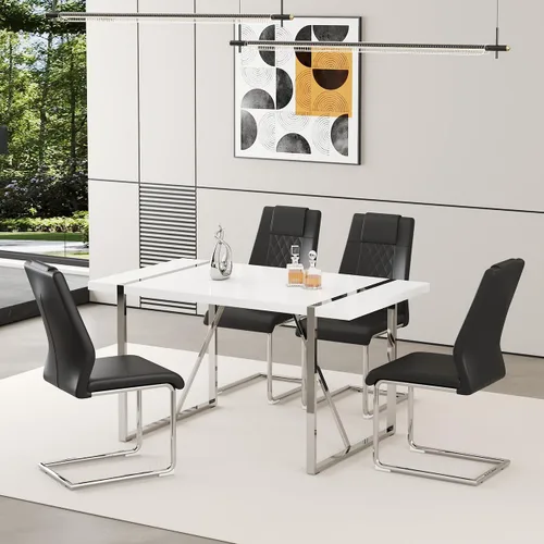 Vista 30 de Juego de mesa de comedor moderna de 55 pulgadas para 4, mesa de comedor negra y marco de metal dorado, mesa de comedor rectangular con 4 sillas