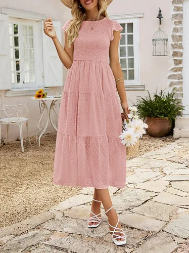 Vista 7 de MEROKEETY Vestido midi de manga corta con vuelo para mujer, vestido de verano con lunares suizos, vestidos escalonados fluidos