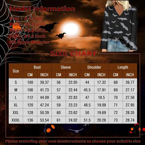 Vista 3 de Camisetas para mujer 2023 a la moda, divertidas camisetas gráficas de Halloween, casuales, holgadas, cuello en V, manga larga, camisetas sueltas