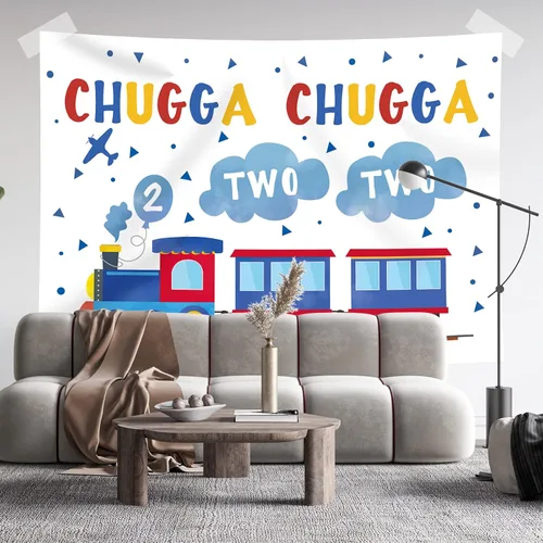 Vista 5 de Telón de fondo de feliz segundo cumpleaños de 7 x 5 pies, tren azul y rojo para niño, Chugga Chugga, dos dos nubes, plano de fotografía, fondo