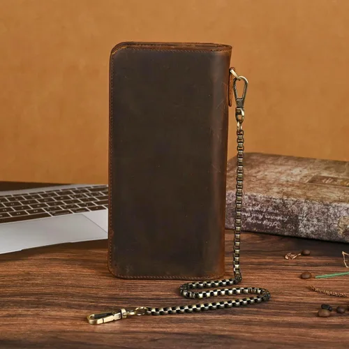 Vista 74 de Genuino Caballo Loco Cuero Regalo de Viaje Moneda Bolsillo Tarjetero Organizador Largo Cadena Rfid Cartera Monedero Con Broche Para Hombres Hombres