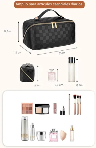 Vista 4 de Bolsa de cosméticos de viaje de gran capacidad - Bolsas de maquillaje portátiles para mujeres, impermeable, de cuero PU a cuadros, con organizador