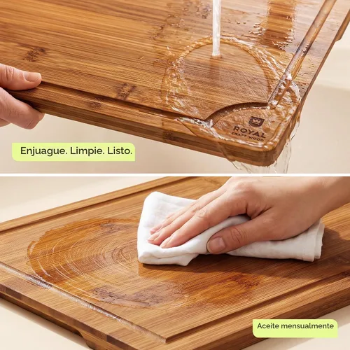 Vista 5 de ROYAL CRAFT WOOD Tablas de cortar de madera para preparar comidas de cocina y servir – Juego de tablas de cortar de bambú no tóxicas con asas Marrón