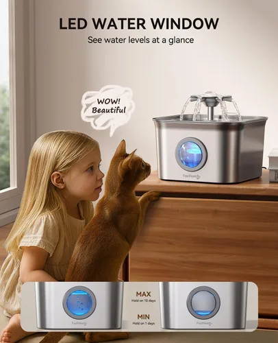 Vista 5 de Fuente de agua para gatos de acero inoxidable, 2.8 L con bomba ultra silenciosa de 20 dB, ideal para mascotas tímidas, ventana LED de nivel de agua