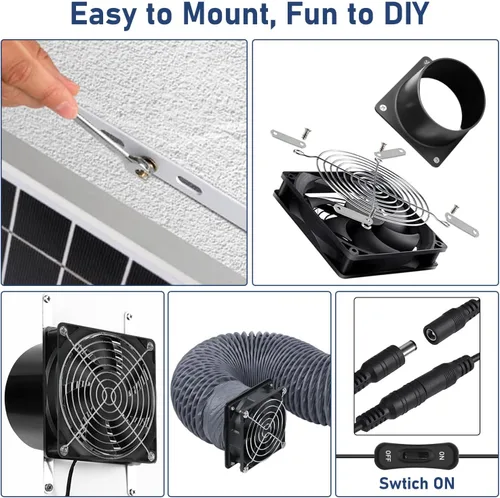 Vista 8 de Extractor solar, ventilador de ventilación de panel solar IP68 impermeable de 20 W, kit de ventilador alimentado por energía solar, ventilador