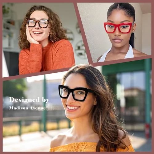 Vista 2 de Madison Avenue Paquete de 2 anteojos cuadrados de gran tamaño con bloqueo de luz azul para mujer, anteojos gruesos de ojo de gato, lentes