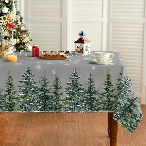 Vista 7 de Horaldaily Mantel de Navidad rectangular de 52 x 70 pulgadas, diseño de árboles de nieve de invierno, color blanco, lavable, para fiesta, picnic