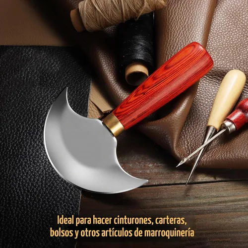 Vista 2 de Cuchillo de cuero Coowolf con mango de madera, herramientas de trabajo de cuero para cortar, pelar y recortar