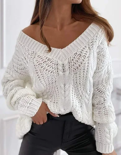 Vista 4 de Sexy V Neck Sweaters for Women Jacquard Knit Jumper Tops Casual Trendy Fall Pullover Loose Batwing Sleeve Blouse